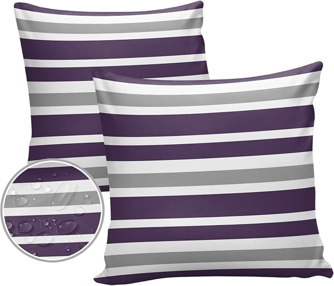 Outdoor Waterproof Throw Pillow Covers Set of 2 Grey Purple Stripes Decorative Outdoor Pillows Cushion Case 24x24 Inch Classic Striped Patio Pillows for Couch Sofa Bed Garden Office Home Decor