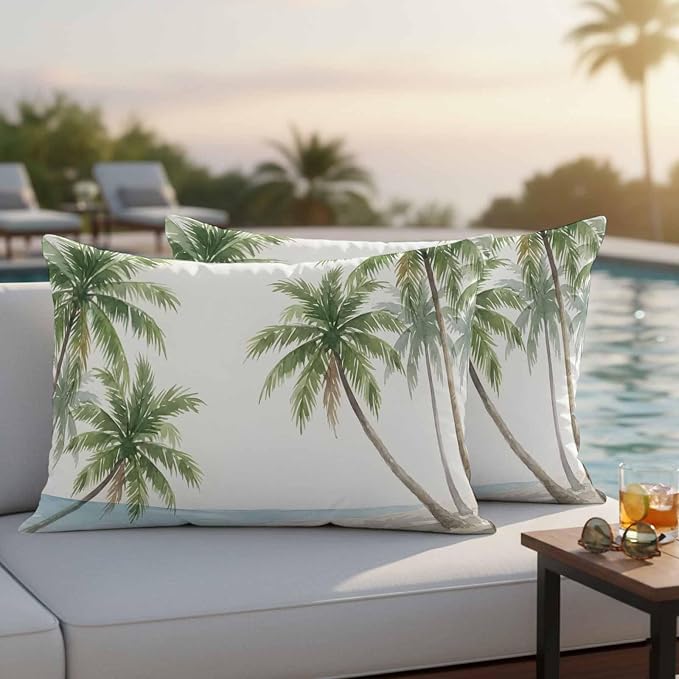 Yukro Coastal Beach Palm Tree Outdoor Waterproof Pillow Covers Pack of 2, Watercolor Coconut Tree Summer Throw Pillowcases Decorative Cushion Covers for Garden Patio Tent Sofa Couch, 20x12 inch