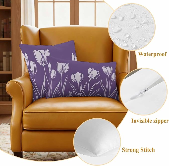 Purple Flower Waterproof Outdoor Pillow Covers Set of 2 Home Decor, Country Garden Floral Aesthetics Plant Pillowcase Patio Pillow Covers for Couch Bench Furniture Garden 24x24in