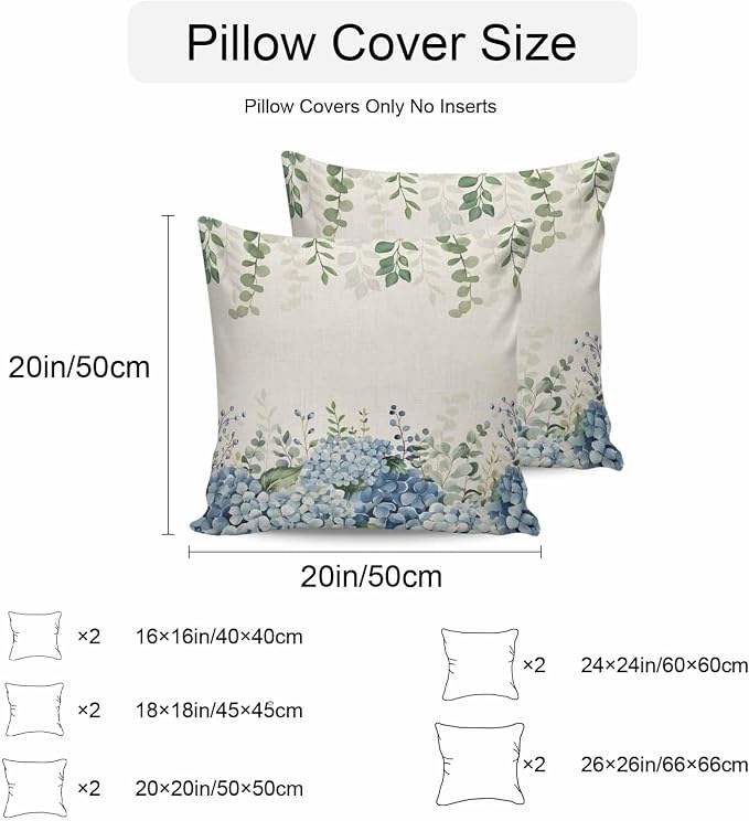 Hydrangea Flower Outdoor Throw Pillow Covers Waterproof Eucalyptus Pillow Cases 16x16in,Green Leaf Retro Linen Decorative Boho Pillow Covers Cushion Cases for Couch Sofa Patio Garden 2 Pack