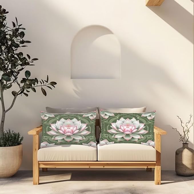 Outdoor Pillows Waterproof Set of 2 Outdoor Pillow Covers 16x24 Inch, Green Throw Pillows Lotus Pillow Covers, Summer Garden Decorative Pillows Outdoor Pillows for Patio Furniture Car Home Decor -hs57