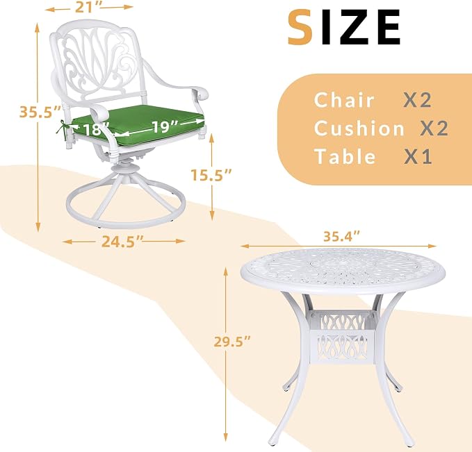 3-Piece Outdoor Patio Dining Set, All-Weather Cast Aluminum Patio Furniture Set for Backyard Garden Deck with 2 Swivel Cushioned Chairs and 35.4” Round Table, 2" Umbrella Hole, White
