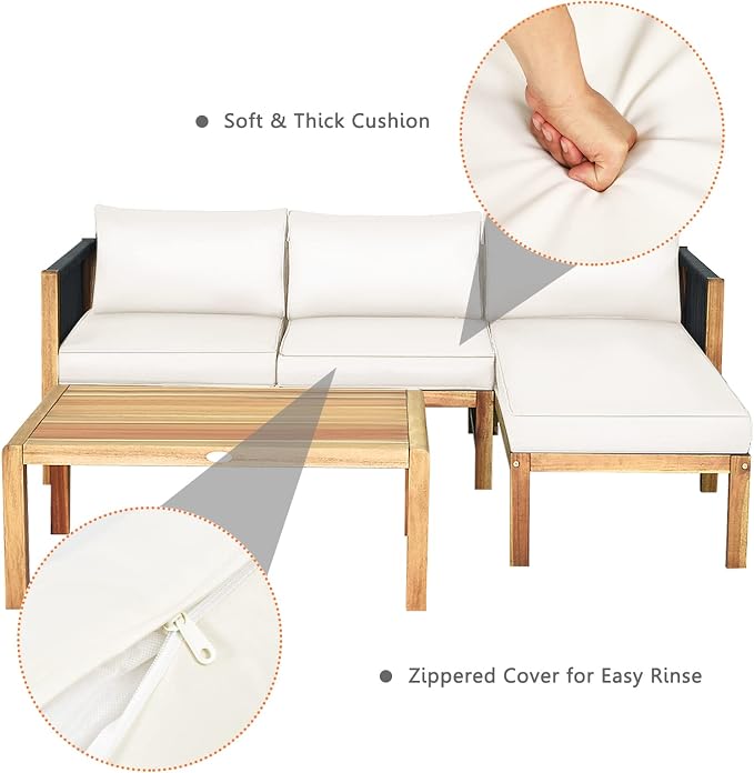 Tangkula L Shape Outdoor Furniture Set, 3 Piece Acacia Wood Patio Conversation Set, with 2 loveseats and Coffee Table, Garden Backyard Poolside Patio Seating Set (White)