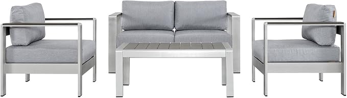 Modway Shore 4-Piece Aluminum Outdoor Patio Furniture Set in Silver Gray