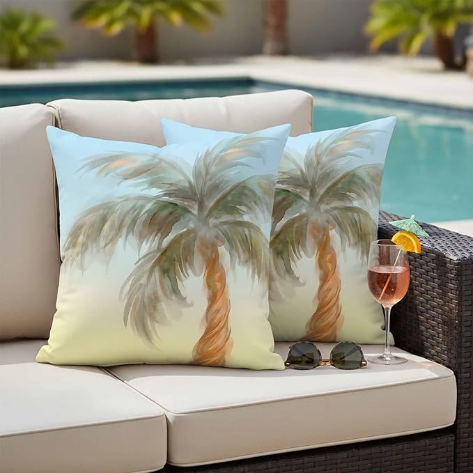 Yukro Summer Palm Tree Outdoor Waterproof Pillow Covers Pack of 2, Coastal Tropical Plant Watercolor Texture Throw Pillowcases Decorative Cushion Covers for Garden Patio Tent Sofa Couch, 20x20 inch