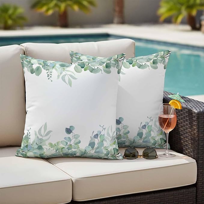 Spring Green Leaf Outdoor Waterproof Throw Pillow Covers Set of 2, 24"x24", Eucalyptus Leaves Watercolor Plants Decorative Pillow Covers Outside Cushion Case for Patio Porch Garden