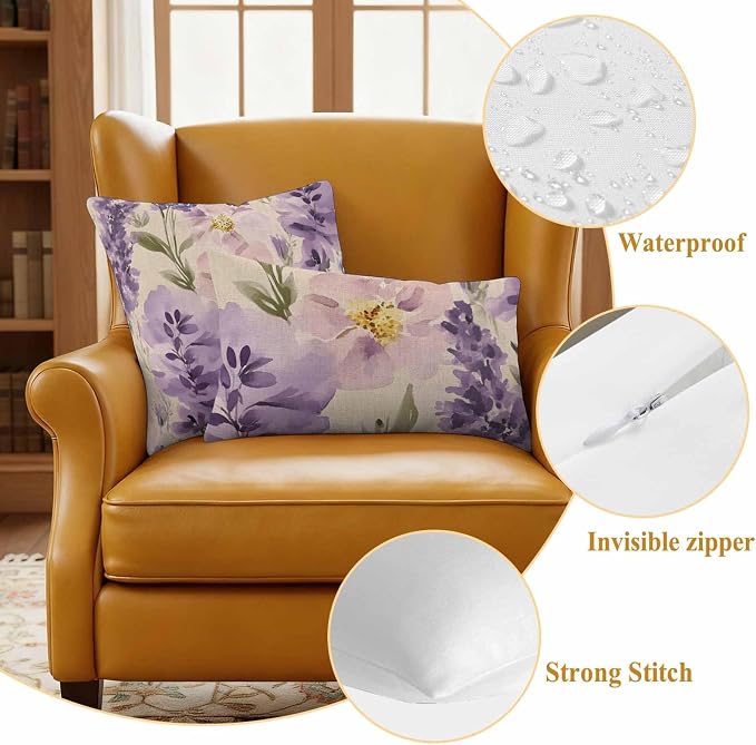 Spring Flowers Outdoor Waterproof Throw Pillow Covers Set of 2, 24"x24", Lavender Leaf Purple Floral Vintage Decorative Pillow Covers Outside Cushion Case for Patio Porch Garden