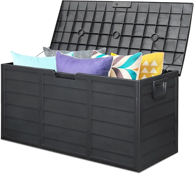75 Gallon Outdoor Storage Box, Lockable Plastic Storage Containers with Lid, Patio Deck Box Furniture for Garden, Pool, Balcony, Yard (Black)