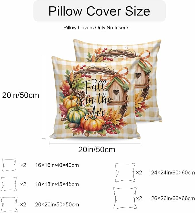 Fall Pumpkin Waterproof Outdoor Pillow Covers Set of 2 Home Decor, Thanksgiving Orange Check Maple Cabin Pillowcase Patio Pillow Covers for Couch Bench Furniture Garden 26x26in