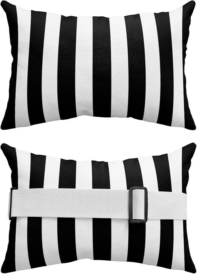 Chaise Lounge Head Resting Pillows, Simple Black and White Stripes Outdoor Waterproof Furniture with Insert and Adjustable Elastic Stripe Chaise Pillows for Recliner Beach Chair 11x16IN,1 Pcs