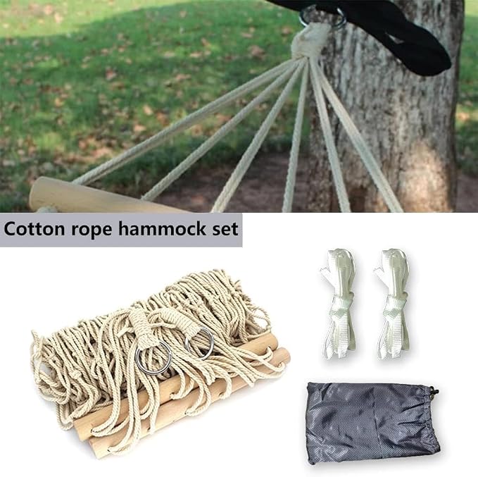 Compact Cotton Rope Hammock with Spreader Bars – 200 × 30 cm Bed, 120 kg / 265 lb Capacity, Portable 1-Person Net (White)