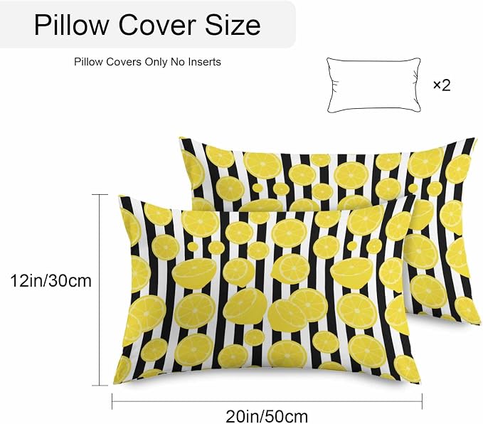 Vandarllin Outdoor Throw Pillows Covers 20x12 inch Set of 2 Waterproof Yellow Lemon Decorative Zippered Cushion Covers for Patio Furniture, Summer Fruit Black Stripes Lumbar Pillowcases