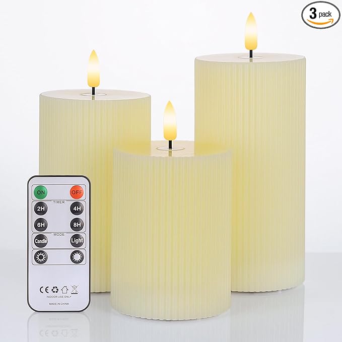Flickering Flameless Candles with Remote, Real Wax Battery Operated Candles with Timer, 3D Wick Ivory Striped Fake LED Candles for Christmas Home Wedding Party, Gifts for Mom, Set of 3