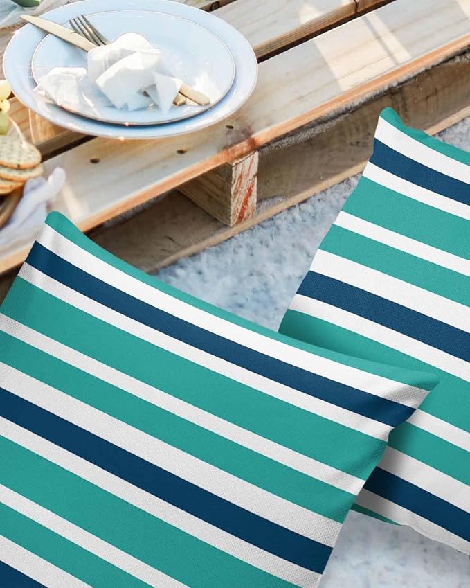 Outdoor Waterproof Throw Pillow Covers Set of 2 Navy Blue Turquoise Stripes Decorative Outdoor Pillows Cushion Case 18x18 Inch Teal Striped Patio Pillows for Couch Sofa Bed Garden Office Home Decor