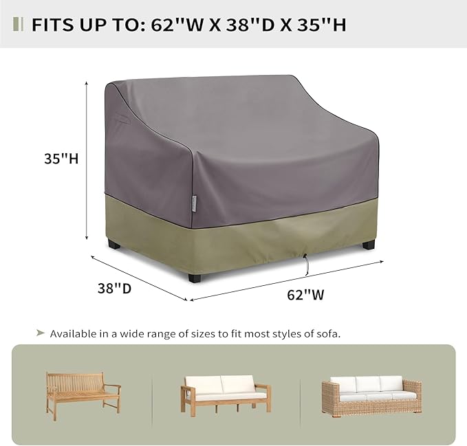 KylinLucky Patio Sofa Cover 62"x38"x35" Heavy Duty Waterproof 600D, All-Weather Outdoor Couch Cover with Air Vents & Adjustable Straps, Grey