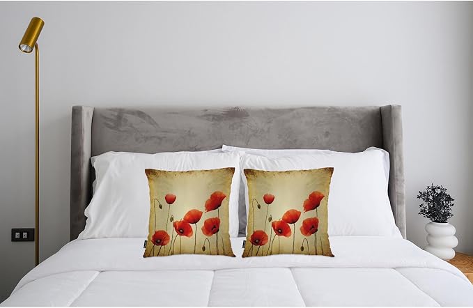 Swono Poppies Throw Pillow Cases, Grunge Poppy Flower Field Set of 2 Decorative Throw Pillow Cover, Square Pillow Cushion Case Home Decor for Sofa Couch Bed Car 18x18 Inches, Brown Red