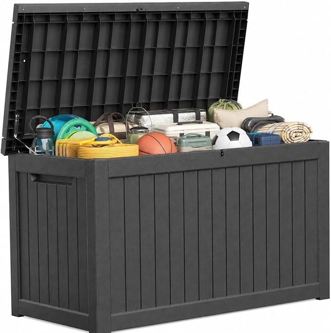 Outdoor Deck Patio Storage Box - 280 Gallon Large Outdoor Deck Box, Plastic Storage Bin with Lid, Outside Toy Box & Pool Storage Container for Cushions, Garden Tools, Towel, Black