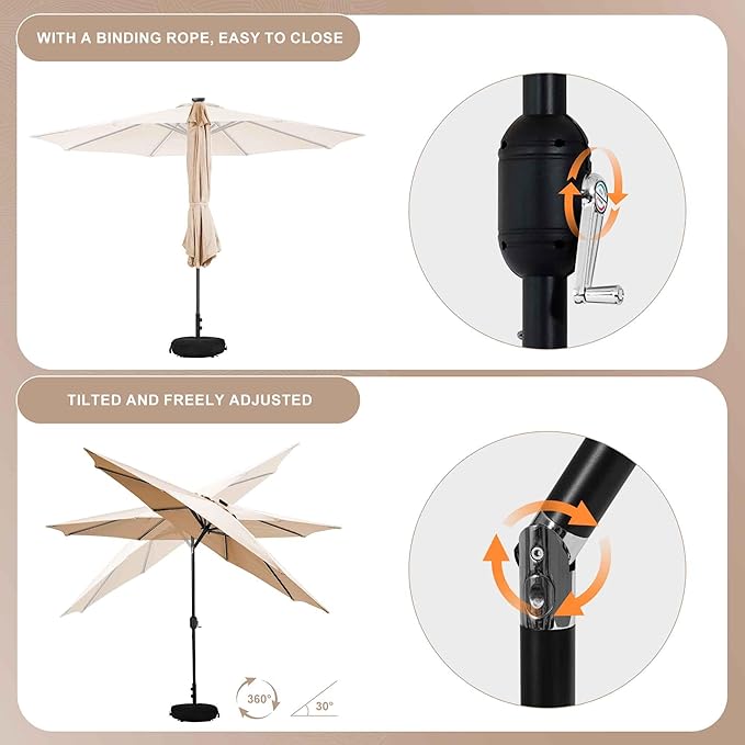 Sundale Outdoor Solar 104 LED 11 ft Patio Umbrella with Sand Bag Umbrella Base, Outdoor Umbrella with Tilt and Crank, Tan