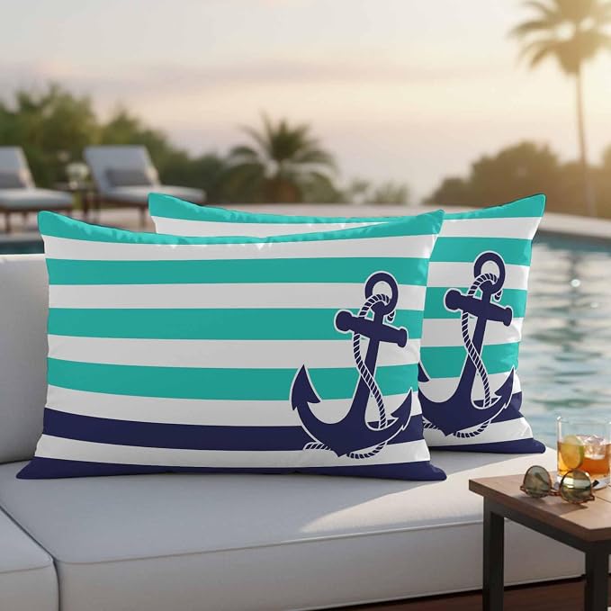 Lumbar Pillow Covers 20x12 Inch Set of 2, Anchor Turquoise Waterproof Outdoor Cushion Covers, Modern Navy Blue White Striped Nautical Decorative Pillowcases for Couch, Sofa, Bed, Garden, Patio