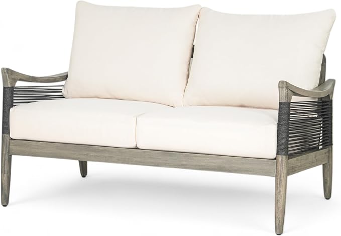 Merax 4-Piece Acacia Wood Patio Set with Loveseat, Chairs & Table | Grey Acacia Frame, Dark Grey Rope, Beige Cushions, Deep Seating And Coffee Table For Porch, Garden, Backyard Or Balcony