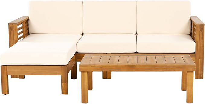 Christopher Knight Home Havets 3 Pieces Outdoor Acacia Furniture Set, Slat Panel Couch, Spacious Seating Armchair, 6" Thick Cushions Sofa and Coffee Table Set for Backyard Garden Balcony, Teak+Beige