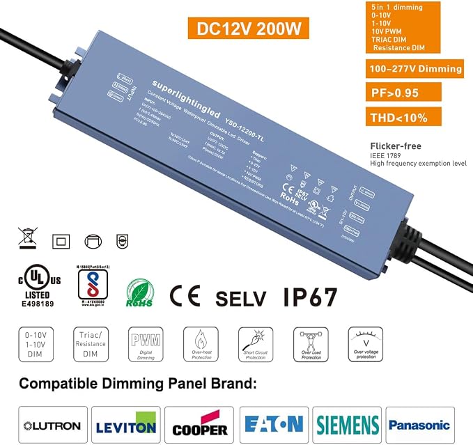 12VDC 200W 0/1-10V&TRIAC Dimmable UL-Listed Waterproof IP67 Thinner Power Supply 110V to 12V Low Voltage Transformer Adapter for IP68 LED Strip Lights, Outdoor Underwater, Wash Wall, Fountain Lights