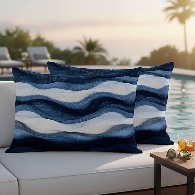 Abstract Mountain Outdoor Waterproof Throw Pillow Covers Set of 2, 20"x12", Watercolor White Navy Texture Nature Decorative Pillow Covers Outside Cushion Case for Patio Porch Garden