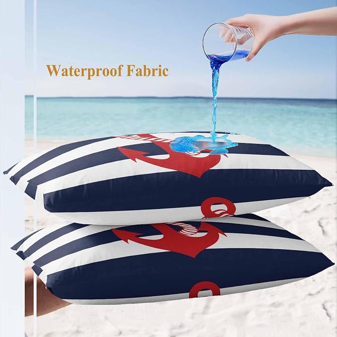 Nautical Anchor Outdoor Waterproof Throw Pillow Covers Set of 2, 20"x12", Coastal Navy Blue Stripe Decorative Pillow Covers Outside Cushion Case for Patio Porch Garden