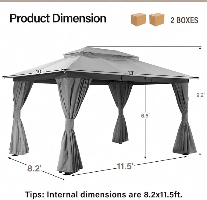 LAUSAINT HOME 10'x13' Outdoor Gazebo, Metal Frame Heavy Duty Patio Canopy Tent Shelter with Double Roofs, Mosquito Nettings and Privacy Screens for Backyard, Garden, Lawn, Gray