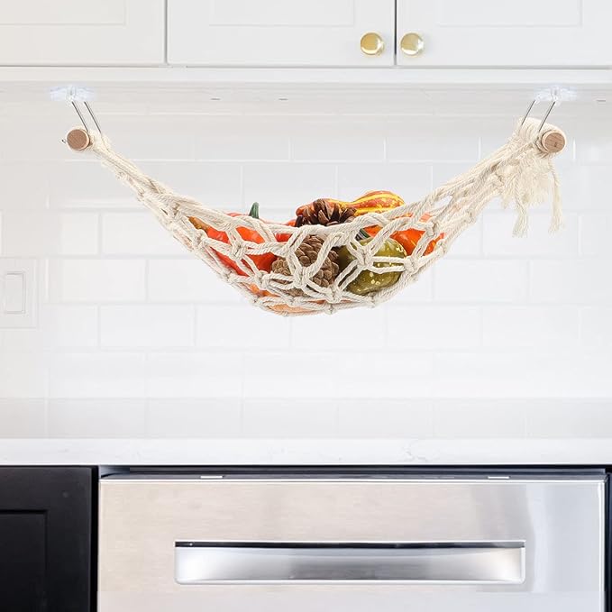 2 Pack Hanging Fruit Hammock Under Cabinet Hanging Basket Includes Hooks - Macrame Bohemian Hanging Banana Vegetable Hammocks Kitchen Storage Counter Space Saving Decoration at Home, Boat, Rv(Style B)