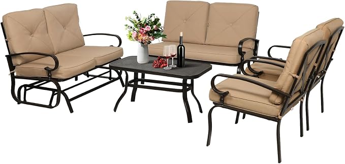 Oakcloud 5-Piece Outdoor Metal Furniture Sets Patio Conversation Set Wrought Iron Glider, 2 Single Chairs, Loveseat and Coffee Table, Brown