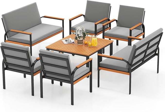 Tangkula 8 Pieces Patio Furniture Set, Outdoor Conversation Set with Acacia Wood Coffee Table, Cushioned Loveseat & 2 Single Armrest Chairs, for Porch, Garden, Backyard, Poolside