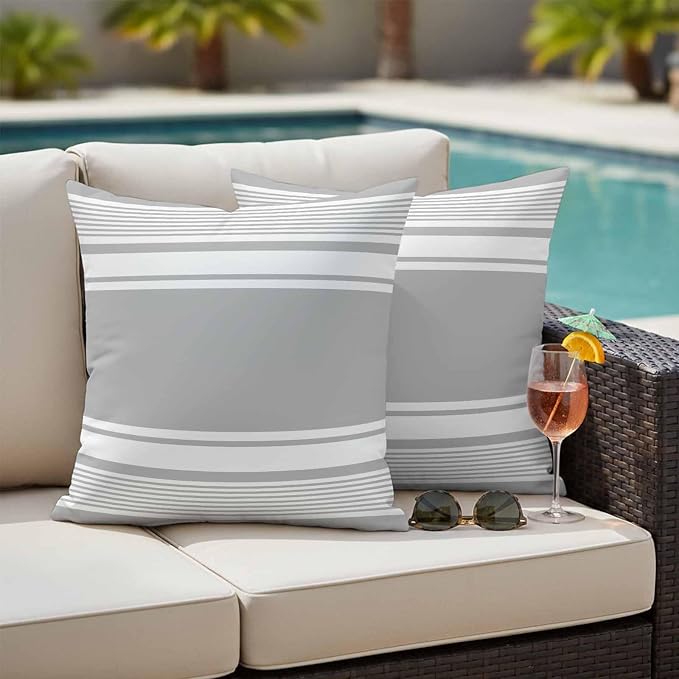 Outdoor Waterproof Throw Pillow Covers, Grey Striped Decorative Pillow Cases, Modern Color Block Farmhouse Stripes Couch Pillow Protector Patio Sofa Cushion Covers Replacement 26"x26" 2 Pack