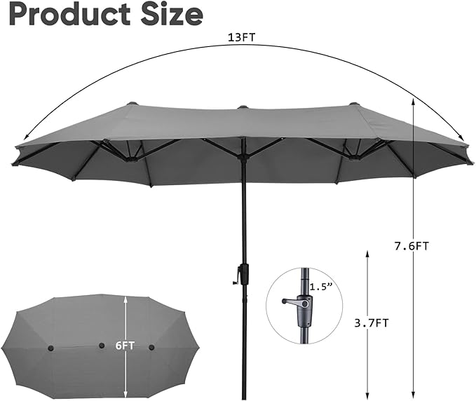 13Ft Large Patio Umbrella with Base Outdoor Double-Sided Market Extra Large Table Umbrella Easy Crank for Yard, Poolside, Deck-Gray