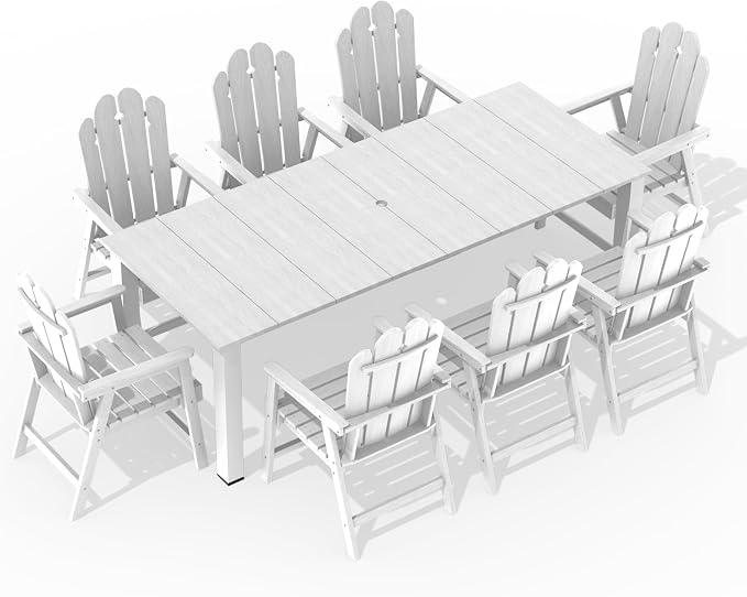 9 Piece Outdoor Dining Table Set for 8, HDPE Patio Furniture, White | 89.4” table,Spacious 8 seat outdoor dining set, HDPE and ALU, moisture and UV resistant, low maintenance outdoor furniture
