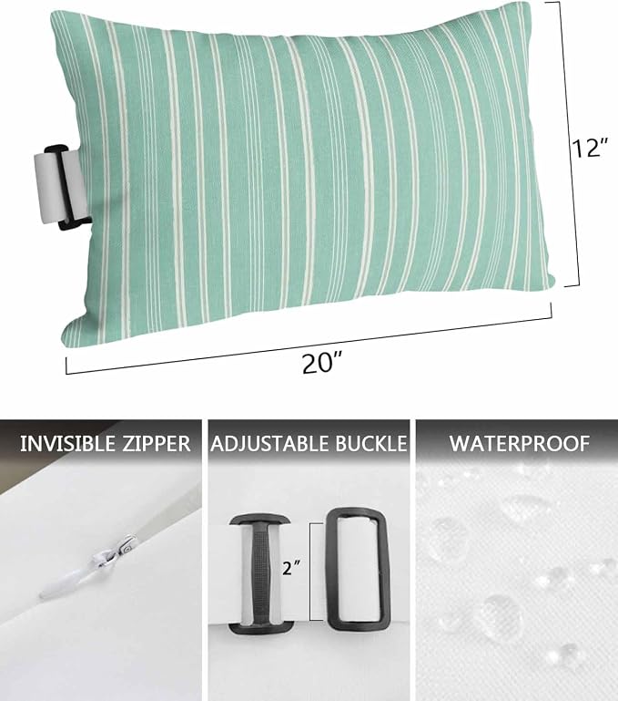 Pack of 2 Outdoor Lumbar Pillow Covers 12x20 Inch, Teal Green Striped Waterproof Throw Pillow Covers Set, Modern Farmhouse Art Stripes Indoor&Outdoor Decorative Cushion Cases for Patio Porch Car