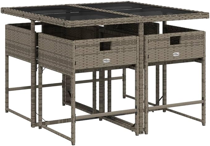 5 Piece Garden Dining Set with Cushions Grey Poly Rattan Outdoor Patio Furniture Table and 4 Folding Chairs with Removable Washable Cushion Covers UV Resistant Tempered Glass Top for Backyard