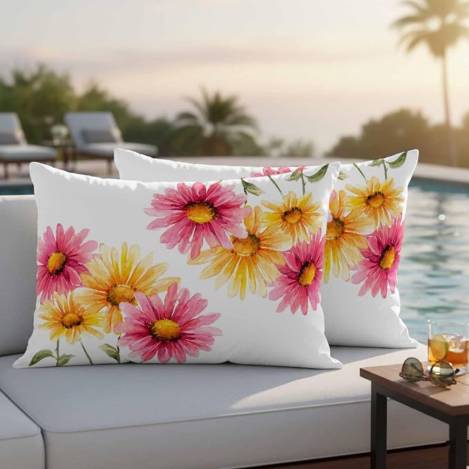 Yellow Pink Daisy Outdoor Pillow Covers 20"x12" Set of 2, Rustic Farmhouse Boho Wildflowers Waterproof Throw Pillow Covers for Patio Furniture, Decorative Cushion Covers for Porch