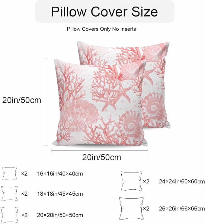 Pink Coral Waterproof Outdoor Pillow Covers Set of 2 Home Decor, Coastal Nautical Ocean Starfish Conch Pillowcase Patio Pillow Covers for Couch Bench Furniture Garden 24x24in