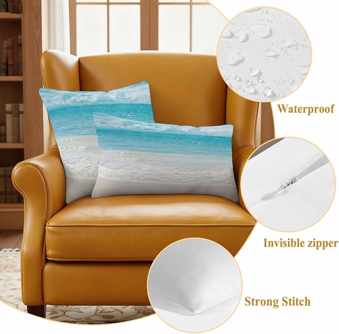 Yukro Coastal Ocean Outdoor Waterproof Pillow Covers Pack of 2, Ocean Waves Beach Sea Shore Throw Pillowcases Decorative Cushion Covers for Garden Patio Tent Sofa Couch, 20x20 inch