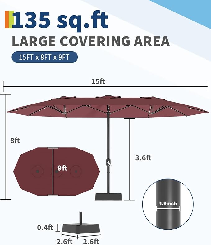 GarveeLife 15 ft Large Patio Umbrella with Lights, 36 LED Lights Double-sided Patio Umbrella with Weighted Base for Poolside Garden Backyard