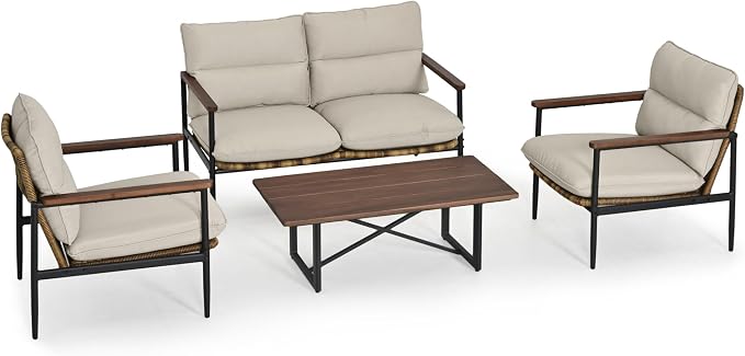 HAPPATIO 4-Piece Outdoor Furniture Set, Aluminum Patio Converation Set with Wicker Seat and Acacia Wood Armrest, Loveseat Sofa Set with Olefin Cushion and Wood Table for Garden Lawn Backyard