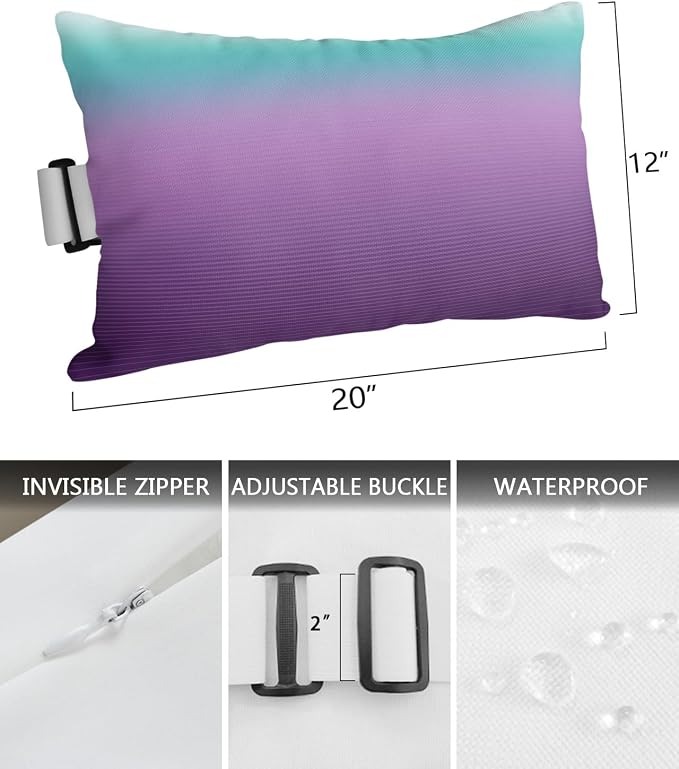 Outdoor Pillows Covers with Inserts Teal Turquoise Purple Ombre Stripe Line Gradient Waterproof Pillow with Adjustable Strap Throw Pillows for Patio Furniture Pool Lounge Chair, 12x20 Inch, 2PCS