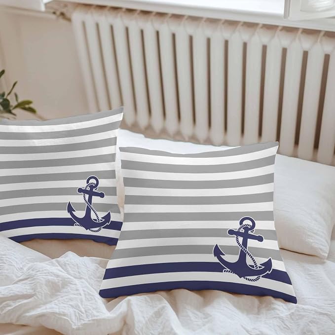 Throw Pillow Covers 20x20 Inch Set of 2, Anchor Gray Waterproof Outdoor Cushion Covers, Modern Navy Blue White Striped Nautical Decorative Pillowcases for Couch, Sofa, Bed, Garden, Patio