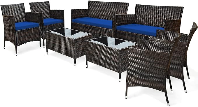 8 Pieces Patio Sofa Set, Wicker Conversation Set with Ergonomic Curved Backrest, Water-Resistant Cushion & Tempered Glass Table for Balcony, Porch, Patio (Navy Blue)