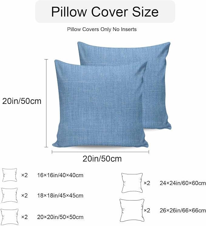 Pack of 2 Waterproof Outdoor Pillow Covers 16x16 Inch Decorative Pillow Covers Blue Burlap Texture Throw Pillowcases Farmhouse Vintage Blue Outdoor Cushion Cover for Couch, Patio, Tent