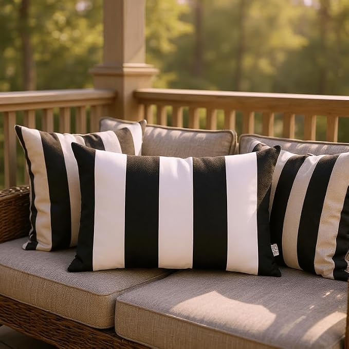 RSH DECOR Set of 4 Square and Lumbar Accent Pillows | Indoor/Outdoor All Weather Polyester Fabric | Reversible | 17"x 17"& 20" x 12" | Black + Black & White Stripe