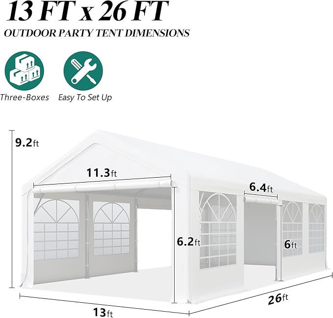 GARTOO 13' x 26' Canopy Party Tent & Carport - Heavy Duty Outdoor Wedding Gazebo with 4 Sand Bags, Event Shelter Canopy for Outdoor Event, Wedding, Birthday Party