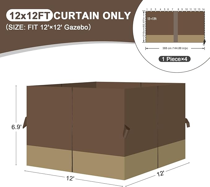 Aoodor 12x12 ft Outdoor Gazebo Curtains, 4 Panels Waterproof Privacy Sidewall Replacement with Zipper for Patio Pergola and Canopy, Brown and Khaki