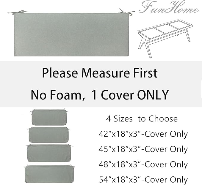 FUNHOME Outdoor Bench Cushion Cover 45 x18 x 3 inch,Water Resistant Cover with Zipper&Ties,Fade-Resistant Slipcover,Patio Porch Swing Cushion Cover Replacement Only,No Insert(Light Gray)